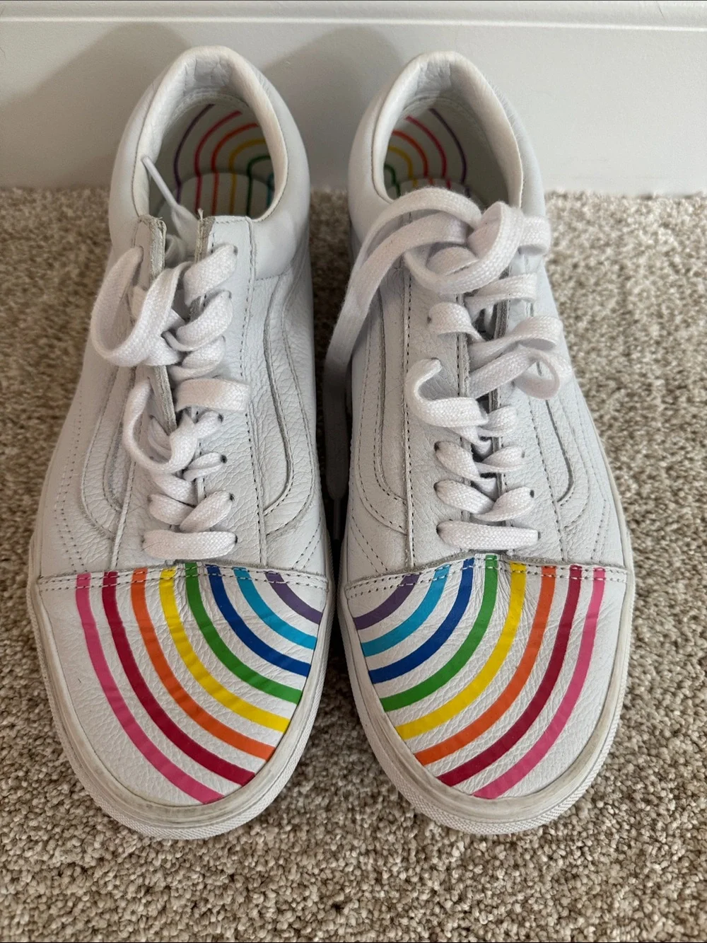 Vans PRIDE White Sneakers with Rainbow Stripe Toe and Heel Accents